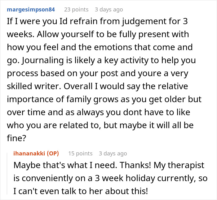 Online conversation discussing journaling and family importance related to looking up a long-lost grandfather inheritance search.