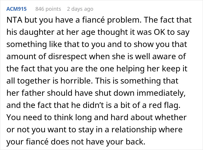 Comment discussing issues with fianc&eacute; and his daughter calling someone a gold digger.