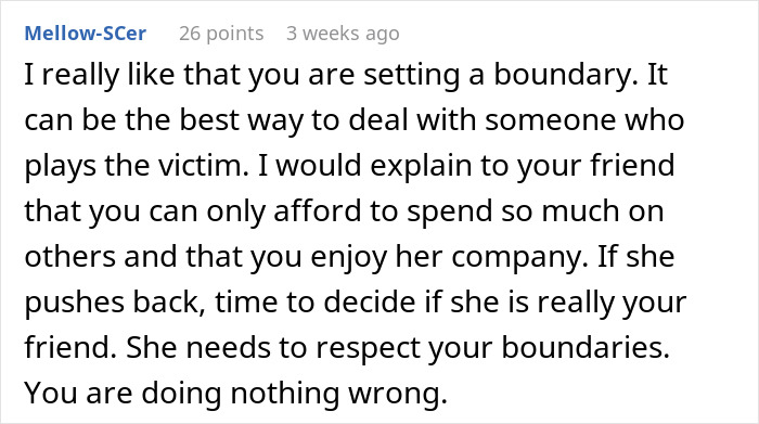 Comment addressing grocery issue, emphasizing boundary setting and financial limits in a friendship.