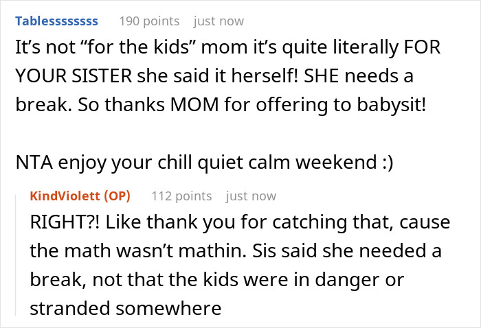 Discussion on babysitter stress; one user agrees with another about the sister needing a break, not the kids in danger.