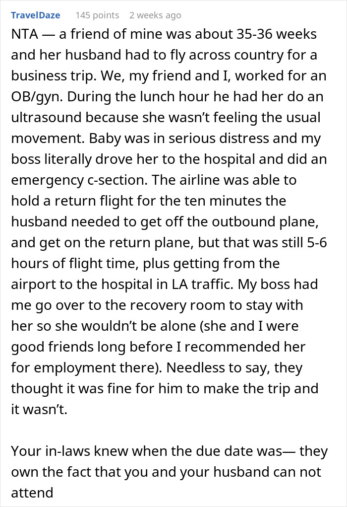 Pregnant mom insists husband skips sister's wedding due to proximity to due date, shared experience on social media.