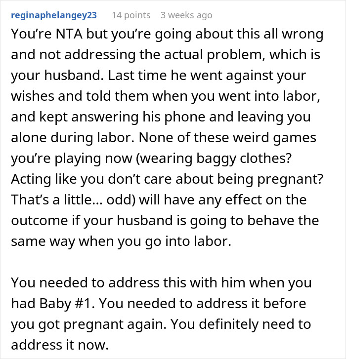 Comment discussing a woman keeping pregnancy news from an overbearing mother-in-law.