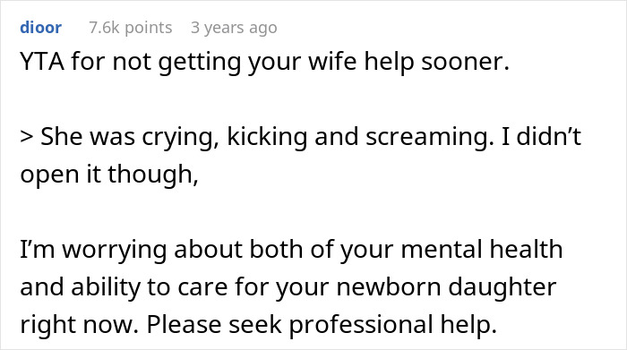 Text discussing concerns about wife and newborn care in a comment, urging professional help.