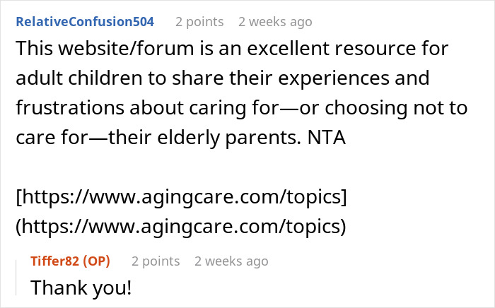 Reddit comment discussing adult children refusing to care for cruel elderly parents, highlighting online resources.