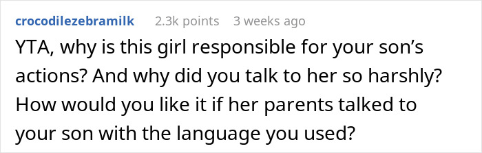 Screenshot of a comment questioning a dad's actions for banning son's girlfriend and speaking harshly.