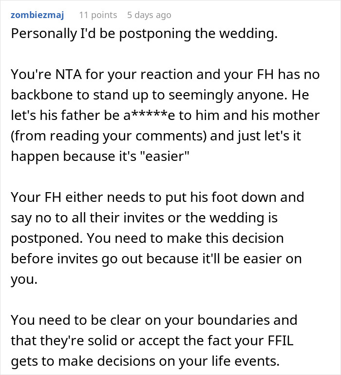 Text discussing a future father-in-law inviting random people to a wedding, eliciting a furious reaction from the bride.