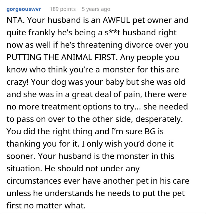 Online comment supporting a woman's decision to end her dog's suffering, criticizing her husband for objecting.
