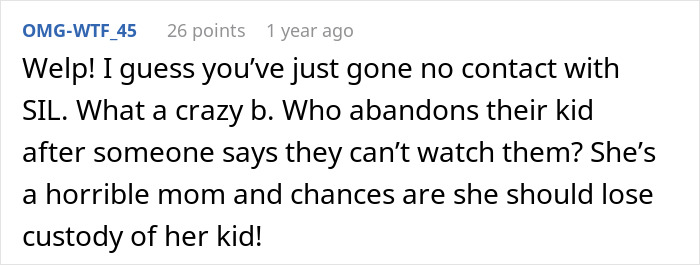 Reddit comment criticizing a mom involved in a babysitting miscommunication with in-laws.
