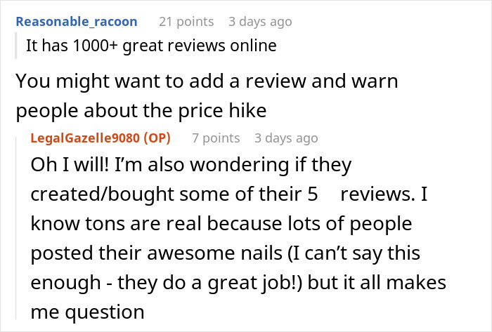 Woman discusses nail salon prices with a customer, questioning the authenticity of reviews.