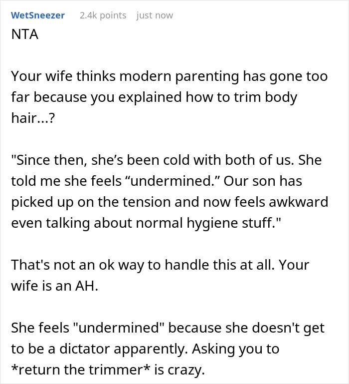 Screenshot of an online discussion highlighting son father grooming drama and family tension over hygiene advice.