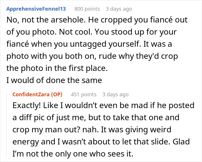 Woman untagged from friend's post after fianc&eacute; cropped from engagement picture, text exchange about the incident.