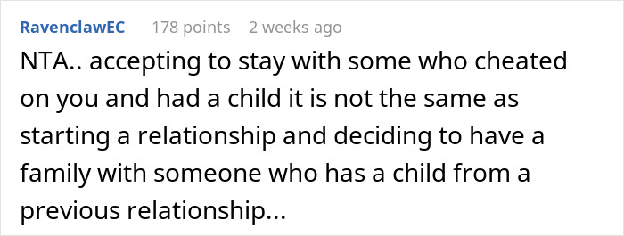 Reddit comment discussing staying with a partner who cheated and had an affair baby, relating to family dynamics.