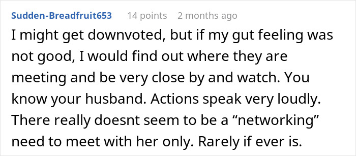 Screenshot of an online comment discussing a wife learning the truth after her husband&rsquo;s late-night drinks with a coworker.