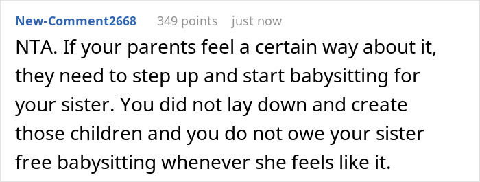 Comment explaining that parents should babysit sister&rsquo;s kids at dinner instead of expecting free babysitting from a working sibling.
