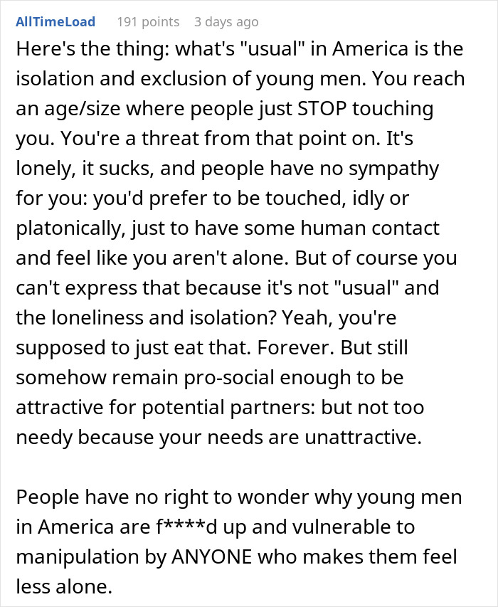 Text discussing American societal norms affecting young men's desire for affection and feelings of isolation.