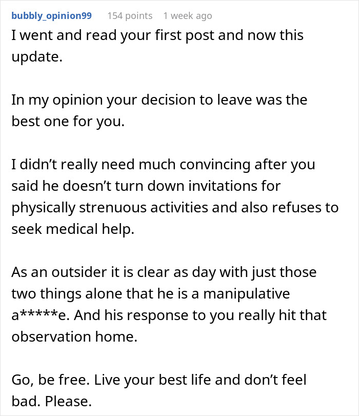 Online comment discussing relationship issues and a person's reluctance due to pain.