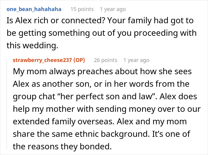 Reddit comments discussing a wedding, with mentions of family and personal connections.