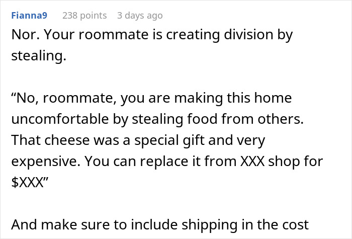 Text detailing a roommate conflict over stealing cheese and suggesting using a lockbox for the fridge.
