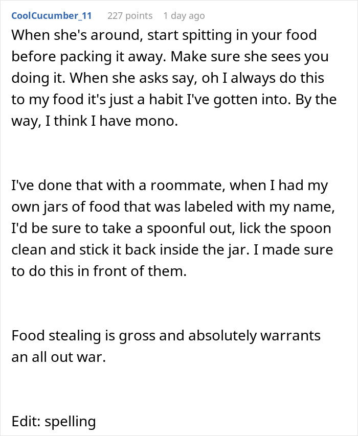 Text discussing creative solutions for dealing with a roommate stealing food.