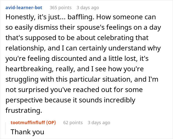Comment discussing a relationship issue about a man prioritizing a "date" with his mom over his wife on an anniversary.