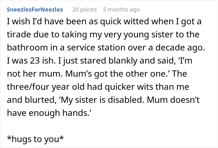 Reddit comment about mistaken identity for teen pregnancy, with a humorous sister anecdote and empathetic response. Reddit comment about mistaken identity for teen pregnancy, with a humorous sister anecdote and empathetic response.