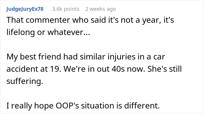 Commenter sharing experience of a woman dealing with physical consequences of an accident caused by her fiancé. Commenter sharing experience of a woman dealing with physical consequences of an accident caused by her fiancé.