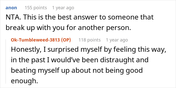 Reddit comments discussing a breakup before Valentine&rsquo;s, with one user expressing surprise at their own positive reaction.