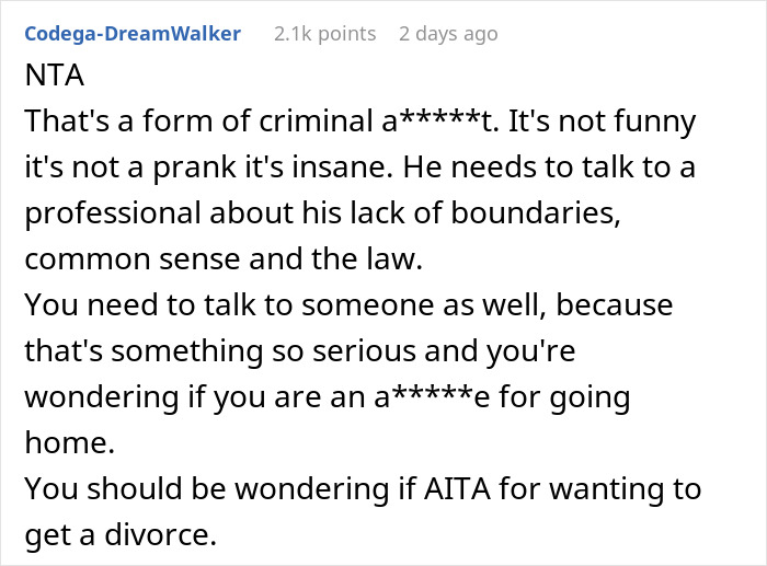 Text comment discussing the husband dangling wife over parking garage edge prank and the decision to go home.