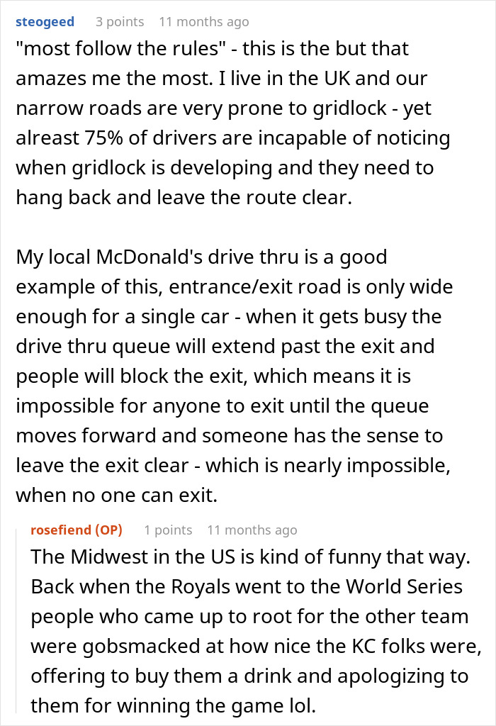 Online discussion about drivers' gridlock behavior, McDonald's drive-thru, and Midwest sports culture.