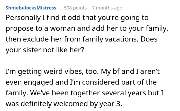 Reddit comments discussing a woman crashing fiance's family vacation, questioning exclusion from family trips.