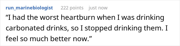 Text about faked liking sparkling water leading to heartburn, prompting a stop for better health.