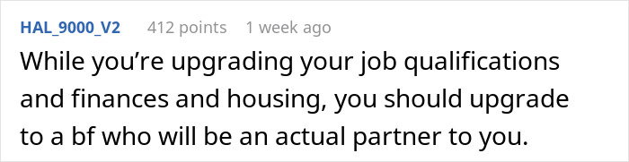 Comment about relationship advice on upgrading life and partner for better support.