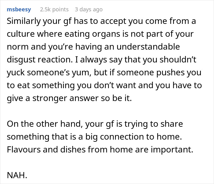 Reddit comment about cultural food and relationship dynamics, discussing taste and food preferences.