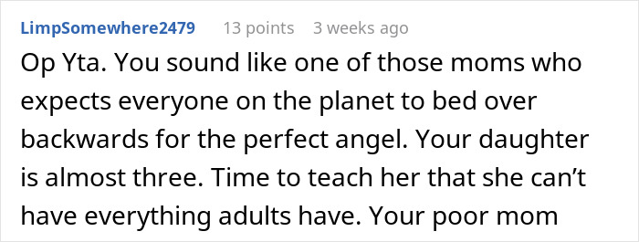 Reddit comment criticizing a mom&rsquo;s harsh approach and defending a toddler&rsquo;s boundaries about having nuts.