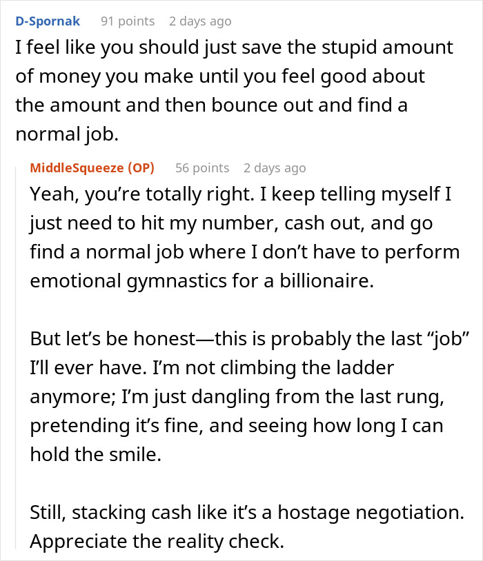 Screenshot of an online discussion about making millions at work without much effort, expressing personal dissatisfaction.