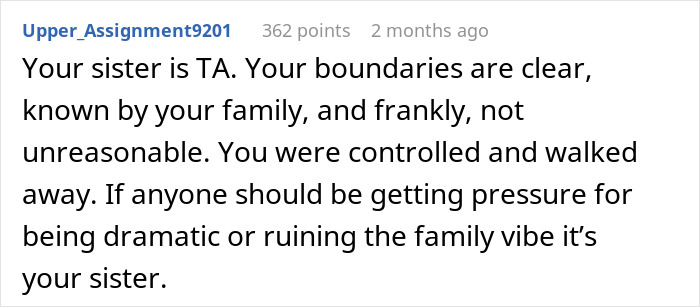 Text comment discussing family boundaries and sister's behavior.