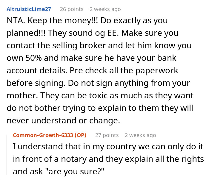 Reddit discussion about keeping money from share of parents&rsquo; apartment.