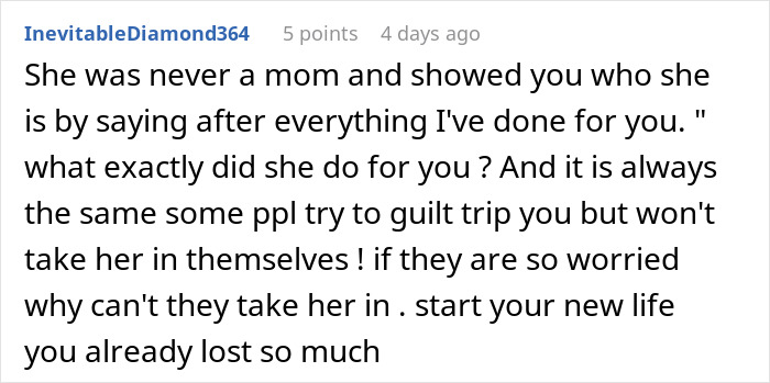 Comment on negative impact of relationship with mother, suggesting starting a new life. Comment on negative impact of relationship with mother, suggesting starting a new life.