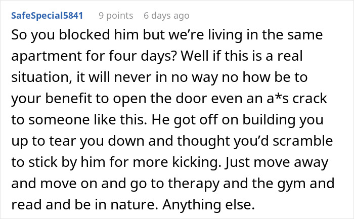 Text screenshot about a woman who got dumped after 9 years, with advice to move on and focus on self-care.
