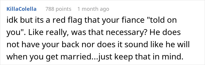 Comment criticizing fianc&eacute;'s support after vegetarian meatball incident.