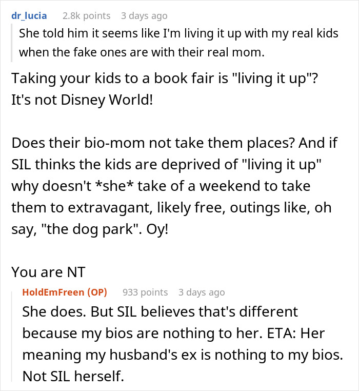 Text exchange about stepmom taking kids to events, excluding stepchildren. Discussion on bio-mom's role and SIL's view.