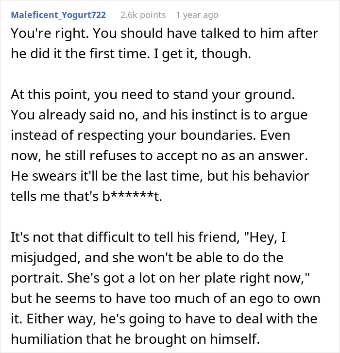 Reddit comment addressing refusal of AI use over girlfriend's portrait drawing refusal.