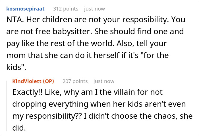 User comments discussing sibling stress over babysitting responsibilities.