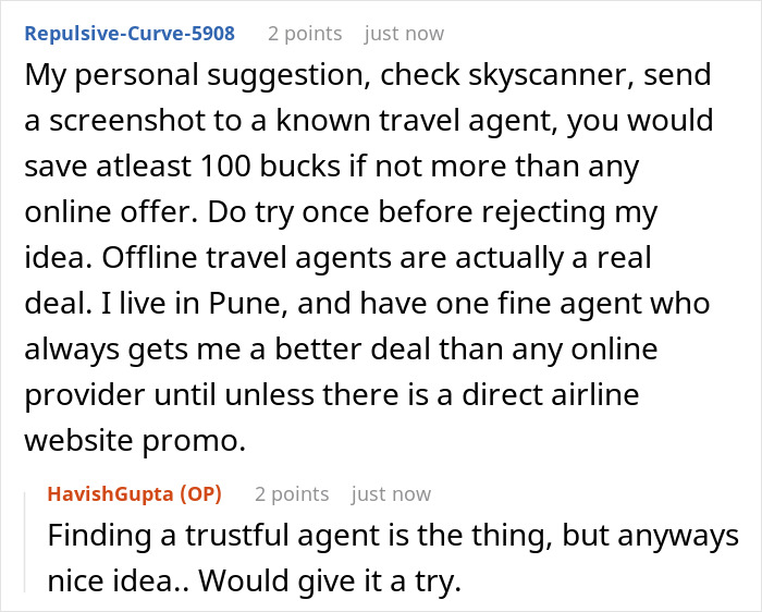 Comment discussing affordable flights and using travel agents for better deals.