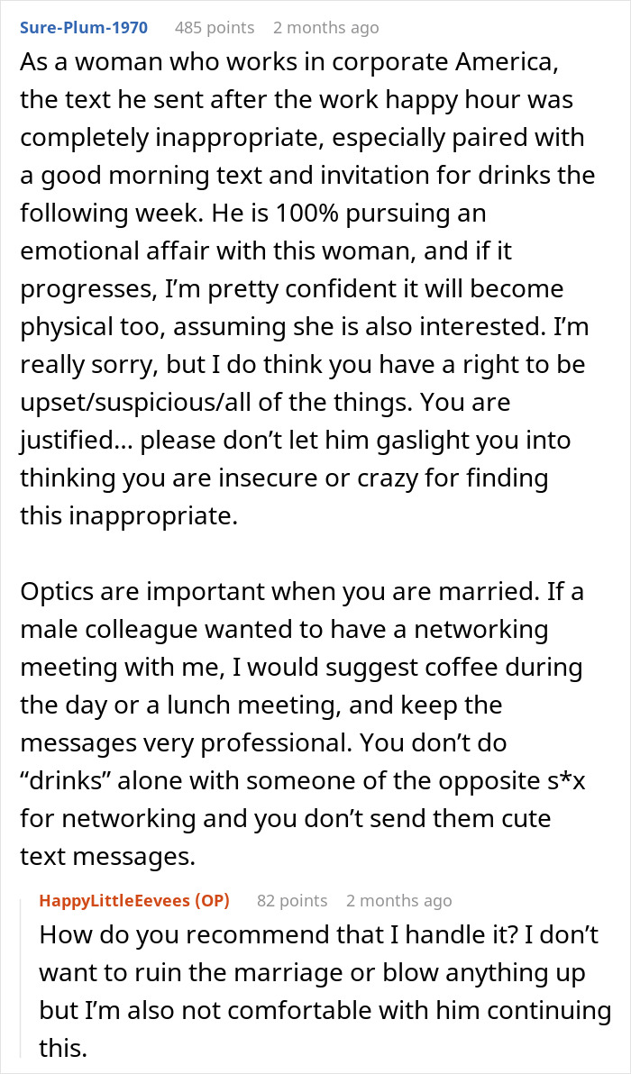 Commenter warns about late-night drinks with coworker hinting at emotional affair after wife discovers the truth.
