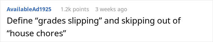 Text comment discussing grades slipping and skipping chores.