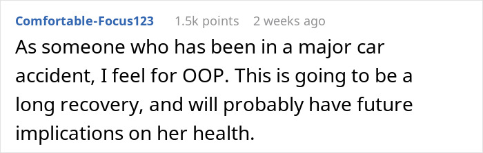 Commenter expressing sympathy for a woman facing physical consequences after her fiancé caused a major car accident. Commenter expressing sympathy for a woman facing physical consequences after her fiancé caused a major car accident.