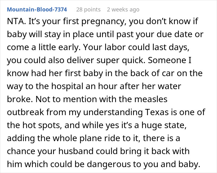 Reddit comment discussing first pregnancy concerns and the potential impact on attending events near the due date.