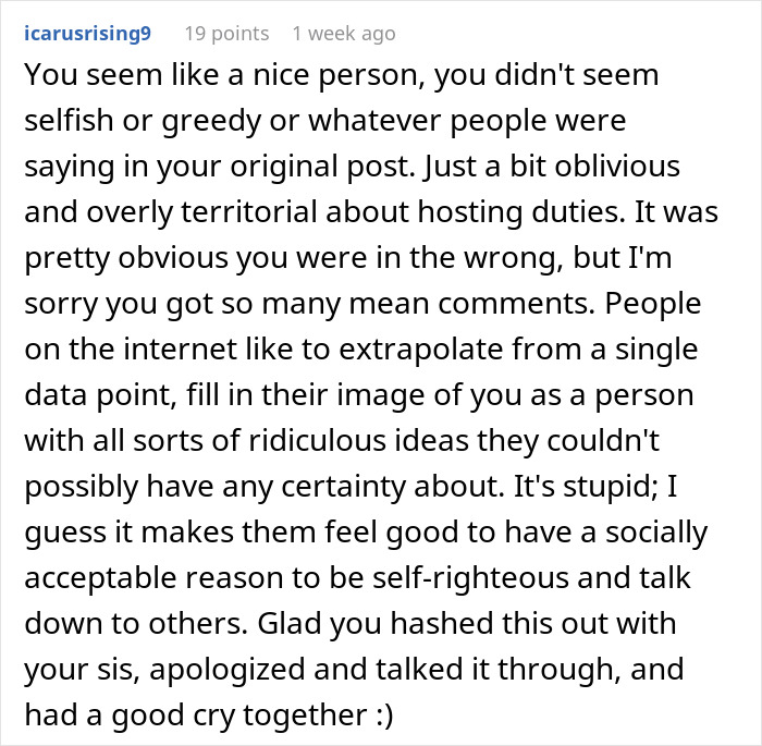 Comment discussing someone shutting down sister about changing tradition, addressing hosting duties and online criticism. Comment discussing someone shutting down sister about changing tradition, addressing hosting duties and online criticism.