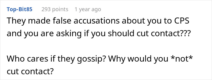 Text discussing false CPS claims in a family drama situation.